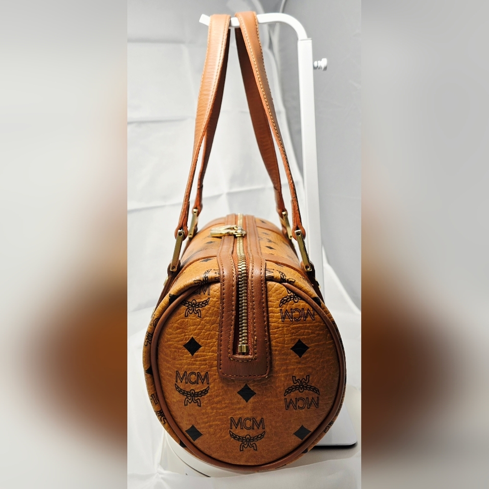 MCM Visetos Monogram Leather Barrel Shoulder Bag in Cognac Brown - Picture 6 of 14